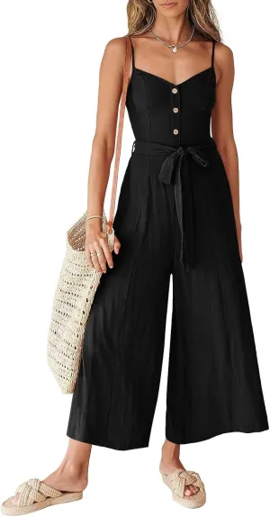 ANRABESS Jumpsuits for Women 2024 Summer Casual Linen Wide Leg V Neck Beach Rompers Dressy Spaghetti Strap Overalls