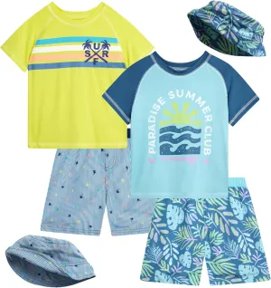 Baby Boys' Rash Guard Set - 6 Piece Short Sleeve Swim Shirt, Board Shorts, and Bucket Hat (12M-4T)