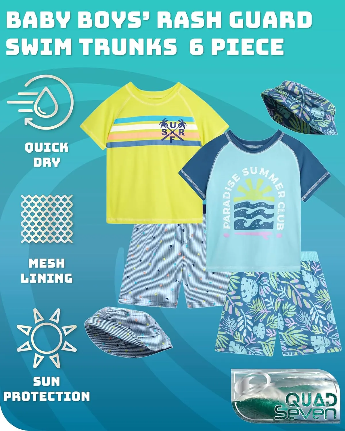 Baby Boys' Rash Guard Set - 6 Piece Short Sleeve Swim Shirt, Board Shorts, and Bucket Hat (12M-4T)