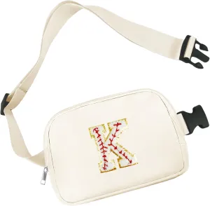 Baseball Initial Small Crossbody Bags Waist Fanny Pack with Adjustable Strap Personalized Belt Bag Cross Body Travel Everywhere Chest Pouch Preppy Bum Hip Purse Gift for Women Teen Girls (K)