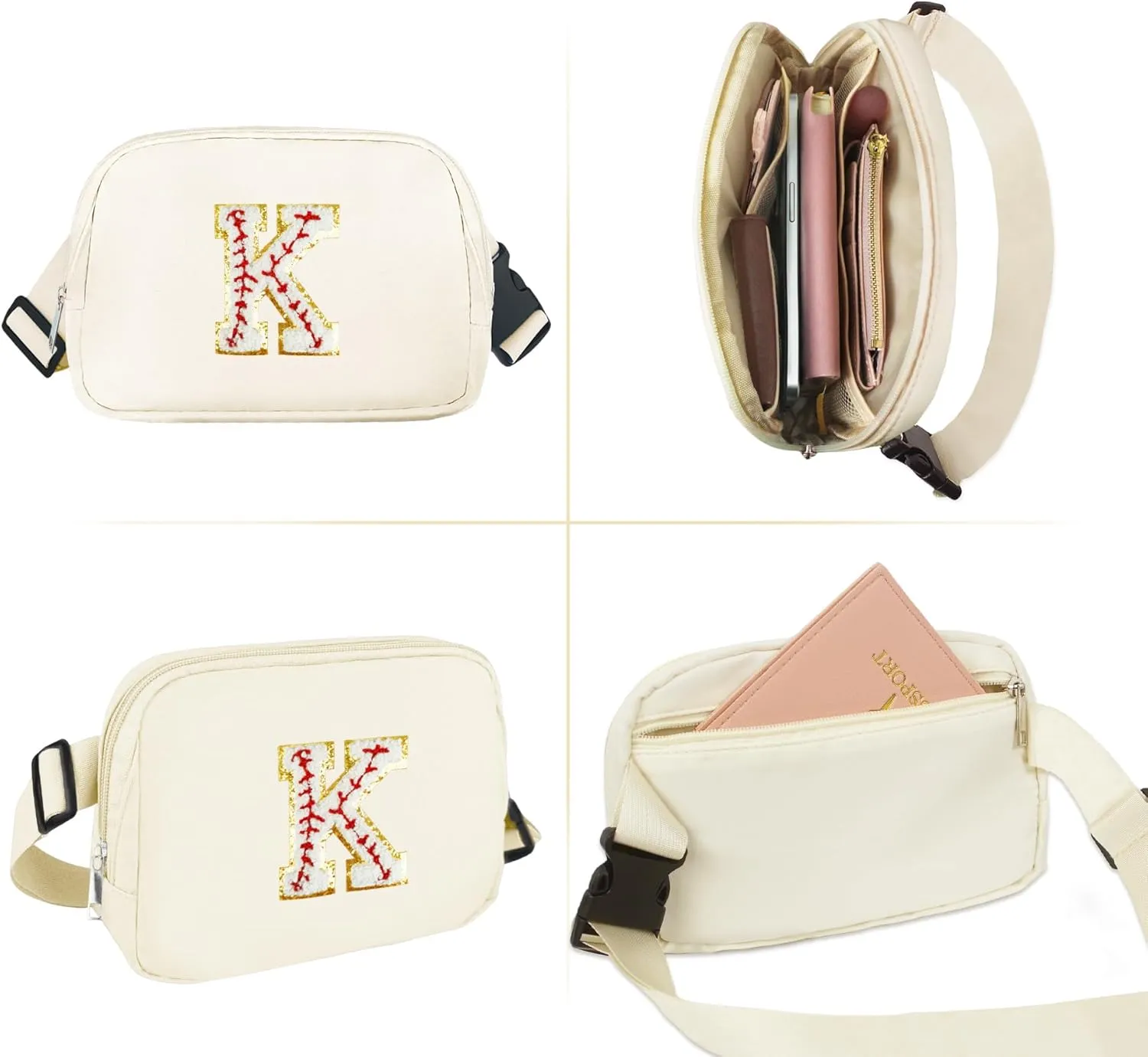Baseball Initial Small Crossbody Bags Waist Fanny Pack with Adjustable Strap Personalized Belt Bag Cross Body Travel Everywhere Chest Pouch Preppy Bum Hip Purse Gift for Women Teen Girls (K)