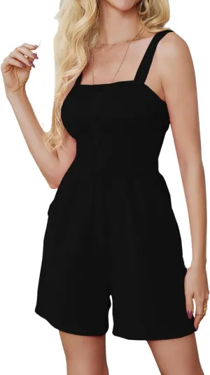 Bdwinz Womens Summer Sleeveless Jumpsuits Casual Loose One Piece Outfits Overalls Smocked Wide Leg Rompers With Pockets