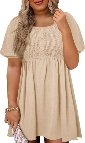Beautife Women's Plus Size Smocked Summer Dress Casual Button Puff Sleeve Scoop Neck A-Line Beach Mini Dress