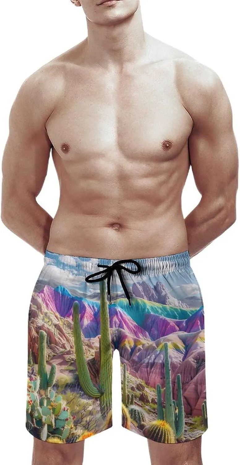 Beautiful Cactus in Arizona Men's Swim Trunks Quick Dry Board Shorts Breathable Summer Beach Shorts Bathing Suits