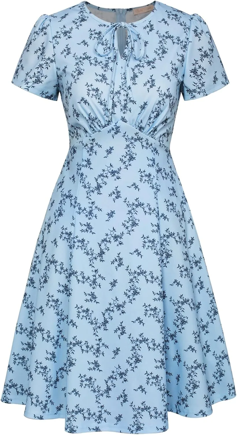 Belle Poque Women's 1940s Vintage A Line Swing Dress Keyhole Tie Dress Round Neck Work Dress Tea Dress