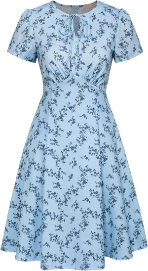 Belle Poque Women's 1940s Vintage A Line Swing Dress Keyhole Tie Dress Round Neck Work Dress Tea Dress