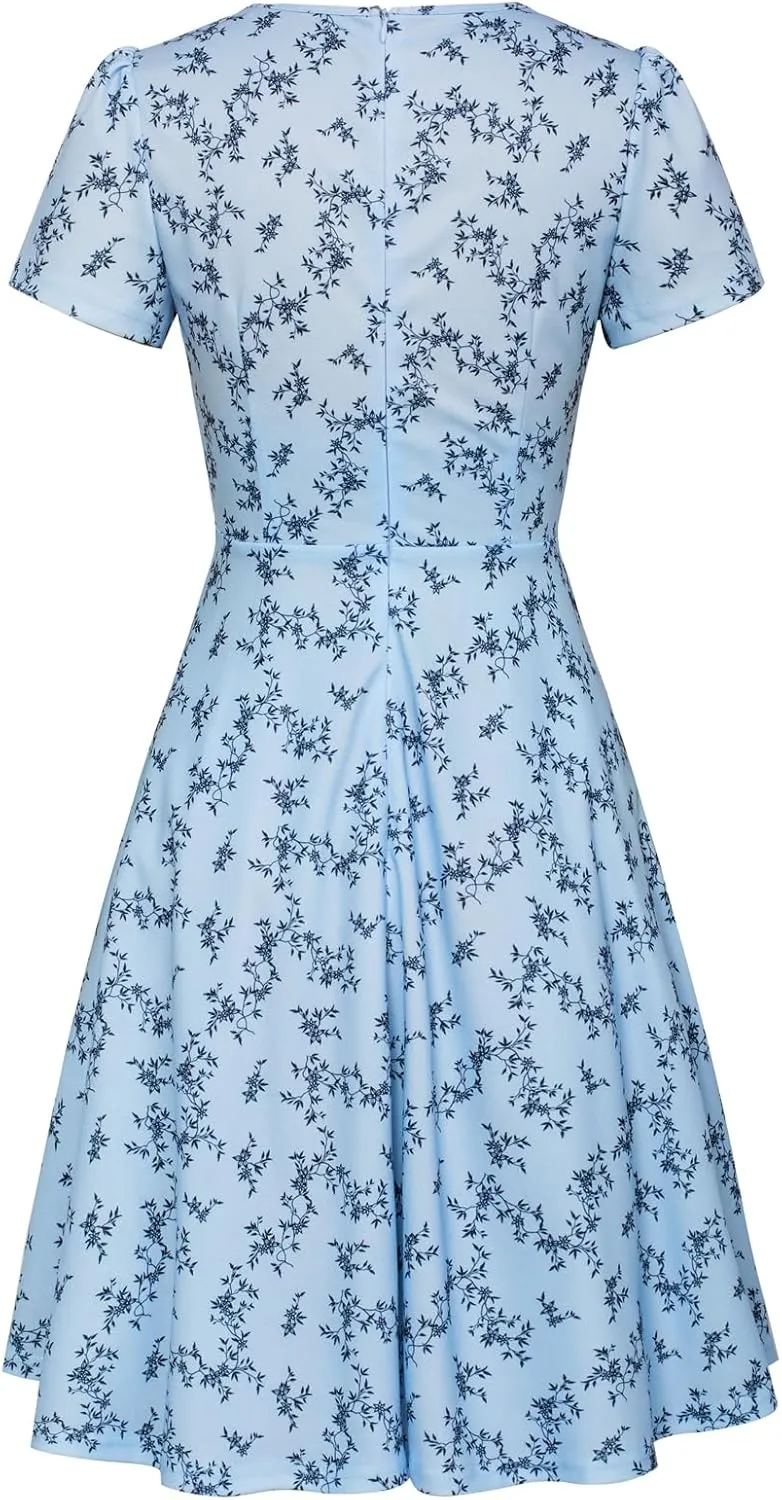 Belle Poque Women's 1940s Vintage A Line Swing Dress Keyhole Tie Dress Round Neck Work Dress Tea Dress