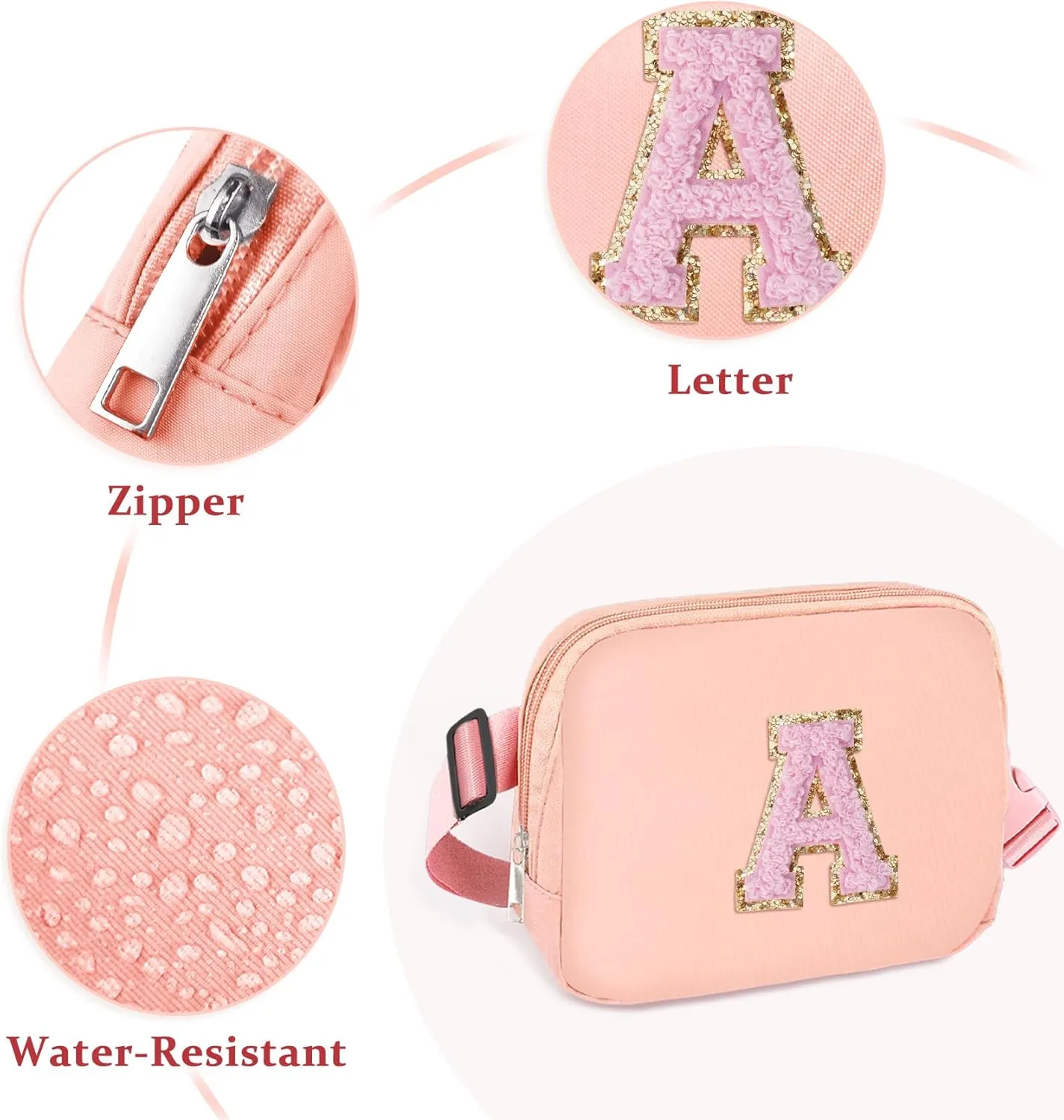 Belt Bag Crossbody bag Waist Bag Chenille Initial Bum Bag for Women,Waterproof Fanny Pack with Adjustable Strap for Purse Travel Daughter Christmas Thanksgiving Gifts(Pink S)