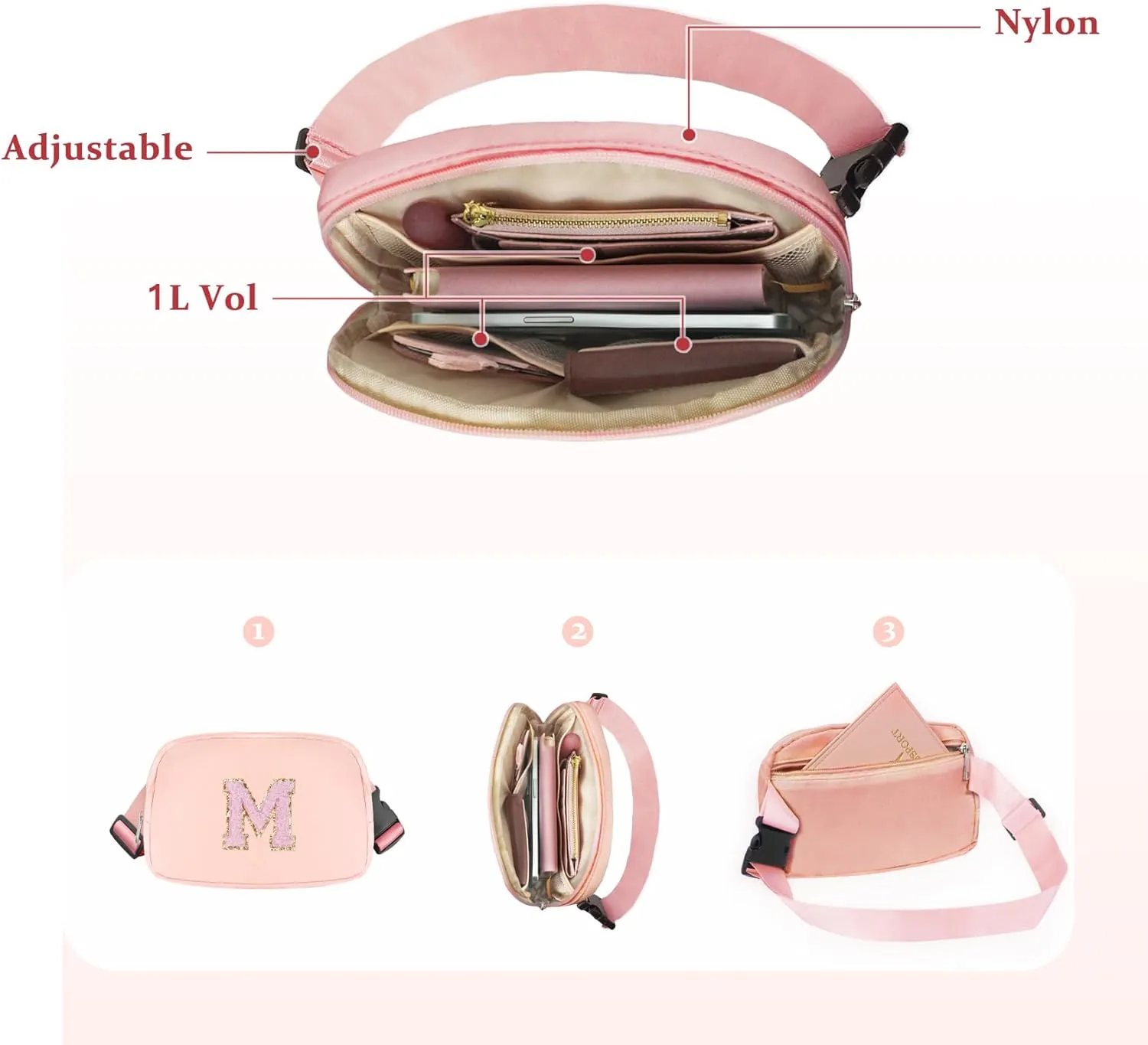 Belt Bag Crossbody bag Waist Bag Chenille Initial Bum Bag for Women,Waterproof Fanny Pack with Adjustable Strap for Purse Travel Daughter Christmas Thanksgiving Gifts(Pink S)