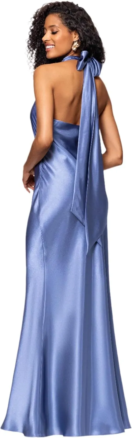 Betsy & Adam Women's Sleeveless Halter Neck Satin Sheath Gown with Back Bow Sash