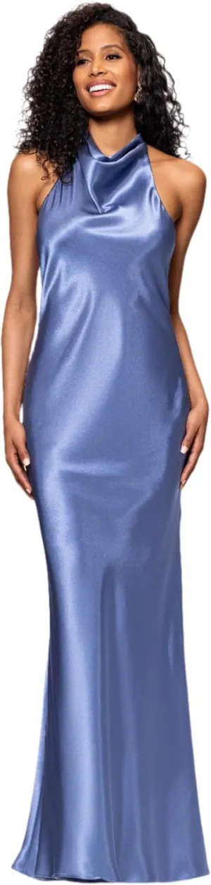 Betsy & Adam Women's Sleeveless Halter Neck Satin Sheath Gown with Back Bow Sash