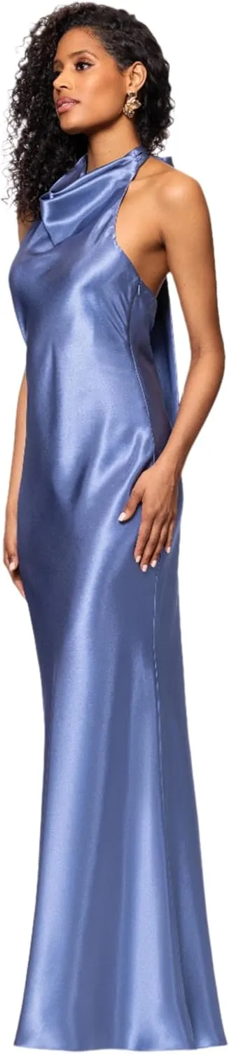 Betsy & Adam Women's Sleeveless Halter Neck Satin Sheath Gown with Back Bow Sash