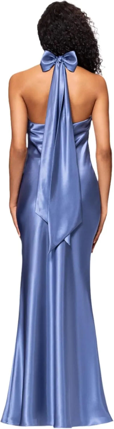 Betsy & Adam Women's Sleeveless Halter Neck Satin Sheath Gown with Back Bow Sash