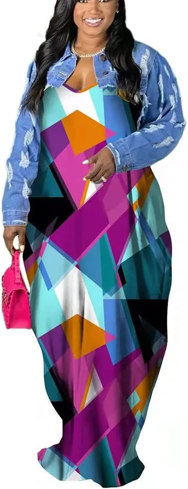 BFFBABY Women's Casual Maxi Dress Sleeveless Tie Dye Spaghetti Strap Summer Plus Size Swing Sundress with Pockets