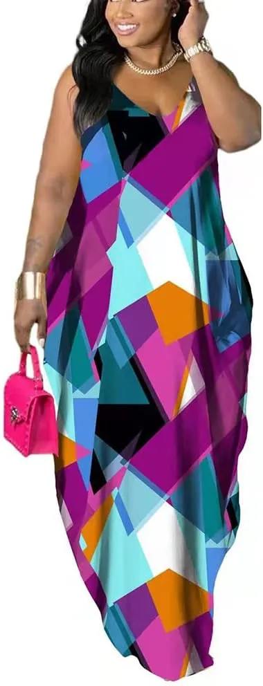 BFFBABY Women's Casual Maxi Dress Sleeveless Tie Dye Spaghetti Strap Summer Plus Size Swing Sundress with Pockets