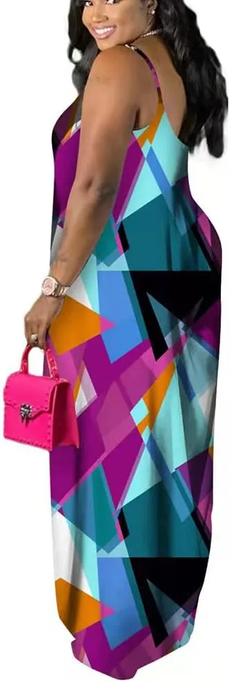 BFFBABY Women's Casual Maxi Dress Sleeveless Tie Dye Spaghetti Strap Summer Plus Size Swing Sundress with Pockets