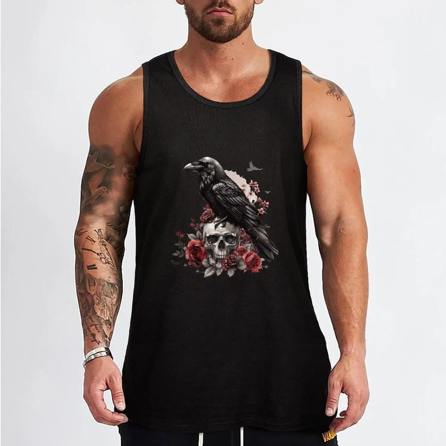 Black Raven Goth Skull Roses Mens Tank Top Cotton Undershirt Crewneck Sleeveless Shirt for Summer