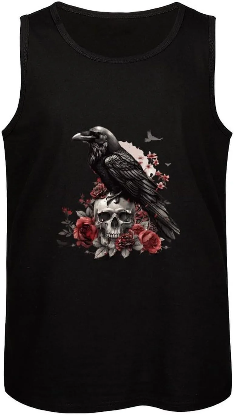 Black Raven Goth Skull Roses Mens Tank Top Cotton Undershirt Crewneck Sleeveless Shirt for Summer