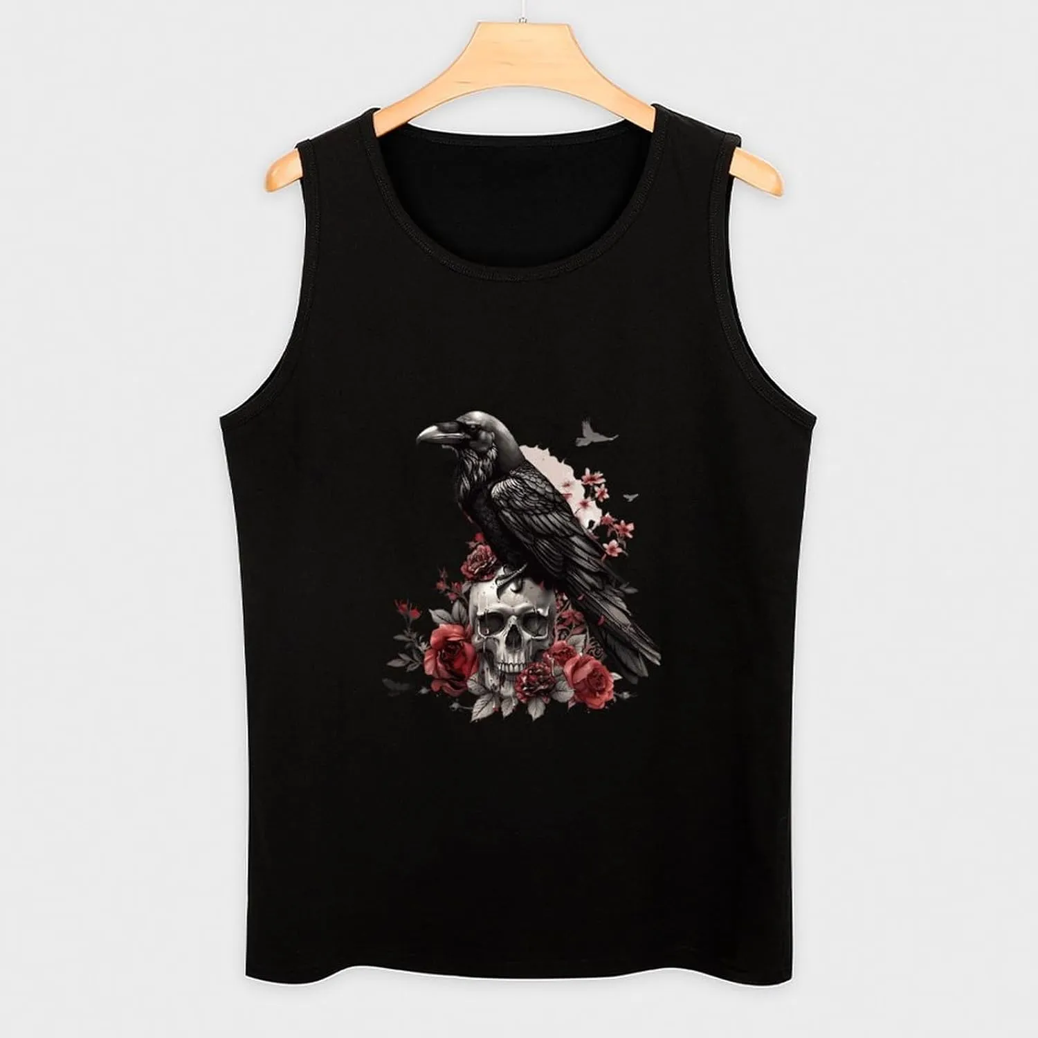 Black Raven Goth Skull Roses Mens Tank Top Cotton Undershirt Crewneck Sleeveless Shirt for Summer