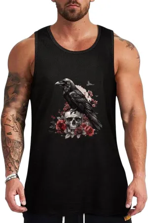 Black Raven Goth Skull Roses Mens Tank Top Cotton Undershirt Crewneck Sleeveless Shirt for Summer