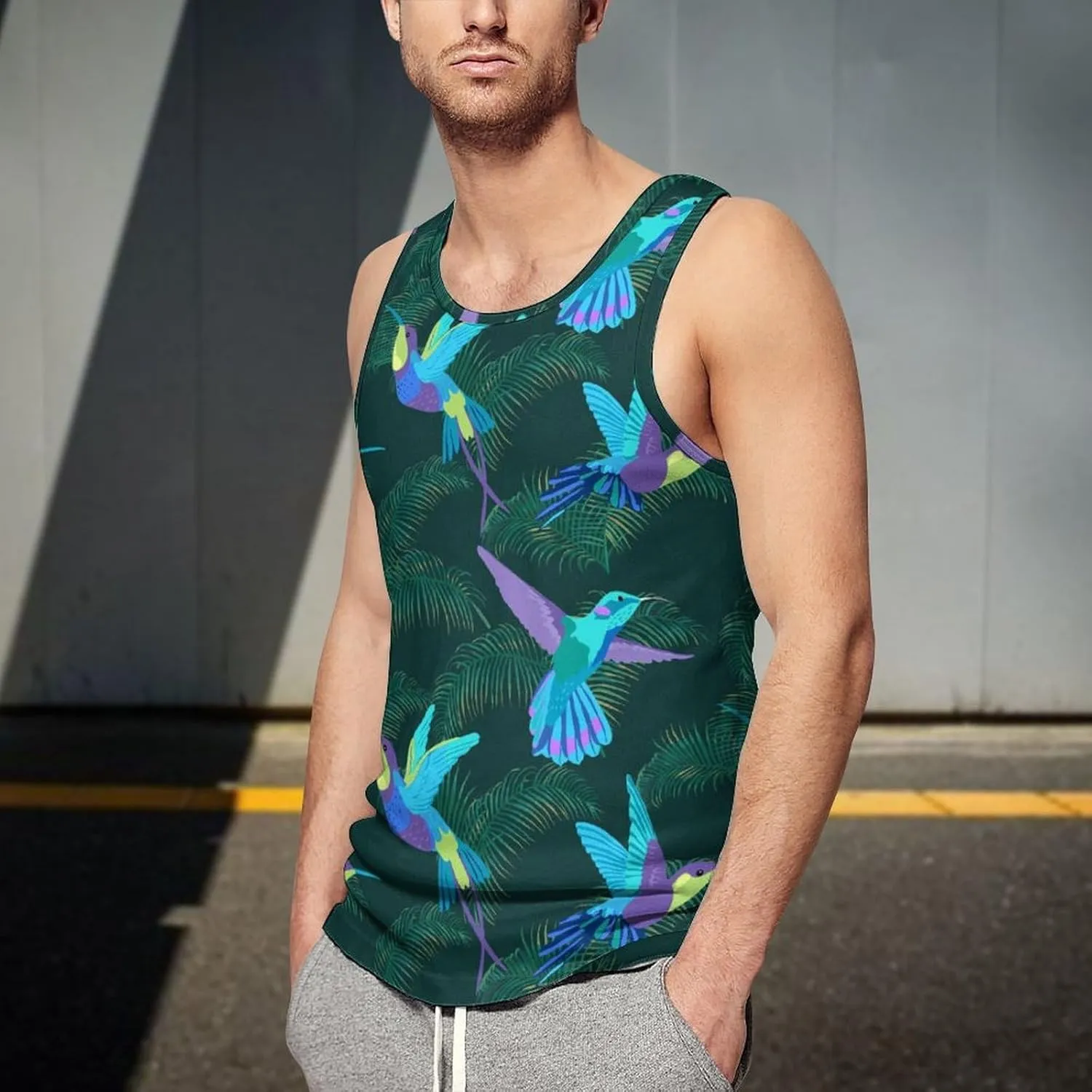 Blue Hummingbirds Men's Tank Tops Summer Sleeveless T-Shirts Gym Workout Tee Casual Beach Tee
