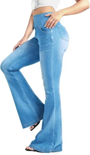 BlueRose Knit Stetchy Flare Jean for Women,Jean Leggings with Pockets High Waisted Pull on Bell Bottom Yoga Pants