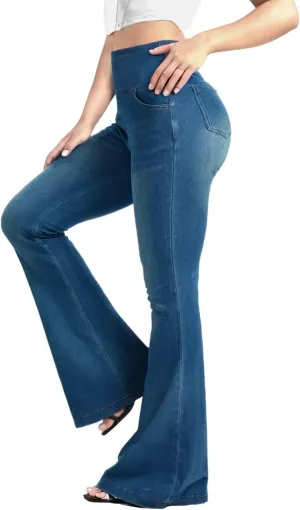 BlueRose Knit Stetchy Flare Jean for Women,Jean Leggings with Pockets High Waisted Pull on Bell Bottom Yoga Pants