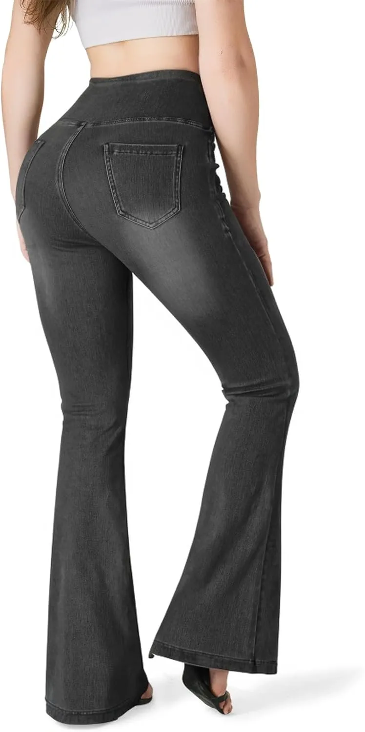 BlueRose Knit Stetchy Flare Jean for Women,Jean Leggings with Pockets High Waisted Pull on Bell Bottom Yoga Pants