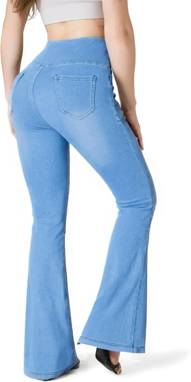 BlueRose Knit Stetchy Flare Jean for Women,Jean Leggings with Pockets High Waisted Pull on Bell Bottom Yoga Pants