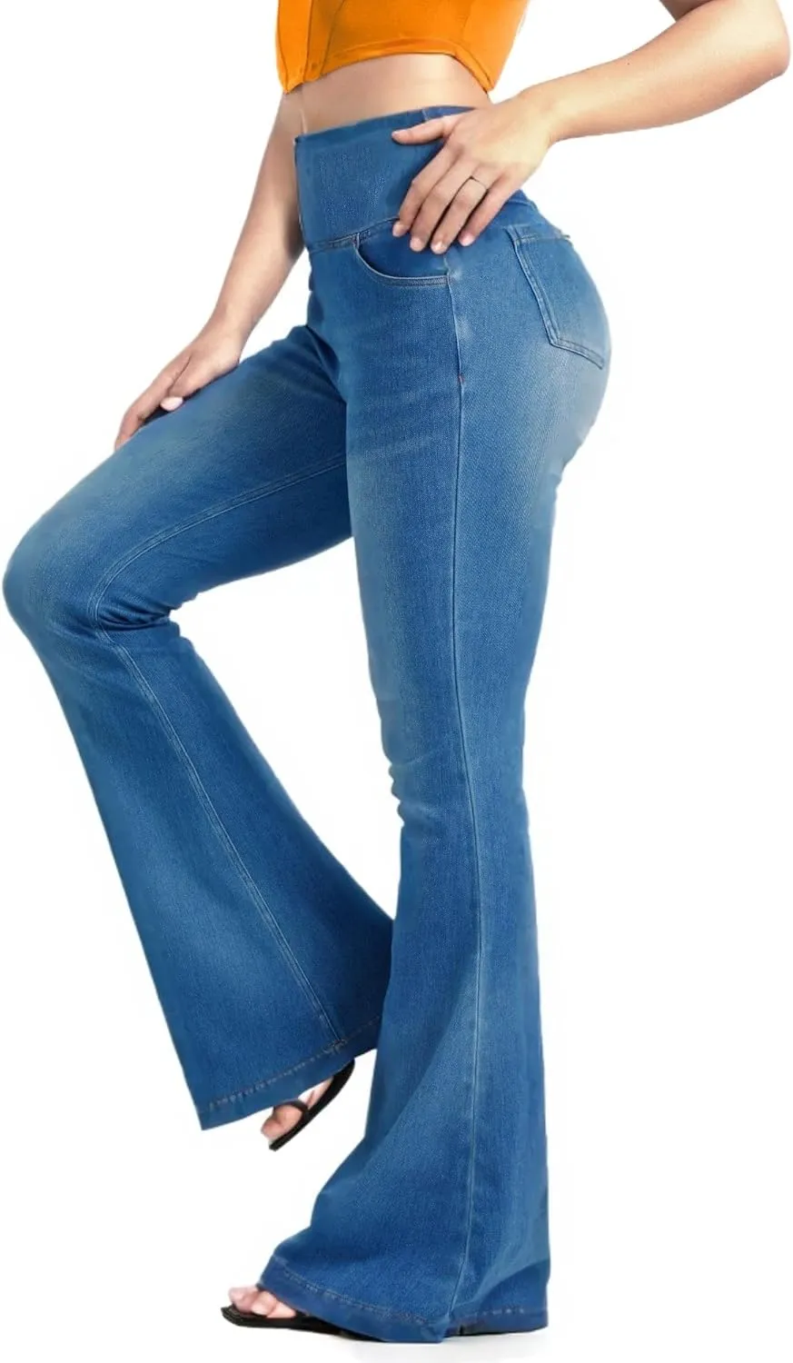 BlueRose Knit Stetchy Flare Jean for Women,Jean Leggings with Pockets High Waisted Pull on Bell Bottom Yoga Pants