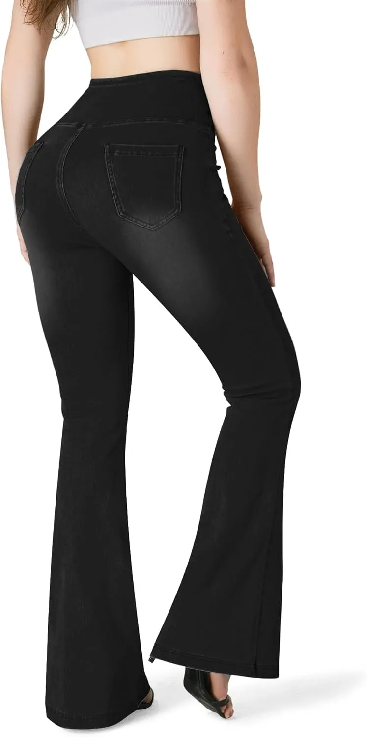 BlueRose Knit Stetchy Flare Jean for Women,Jean Leggings with Pockets High Waisted Pull on Bell Bottom Yoga Pants
