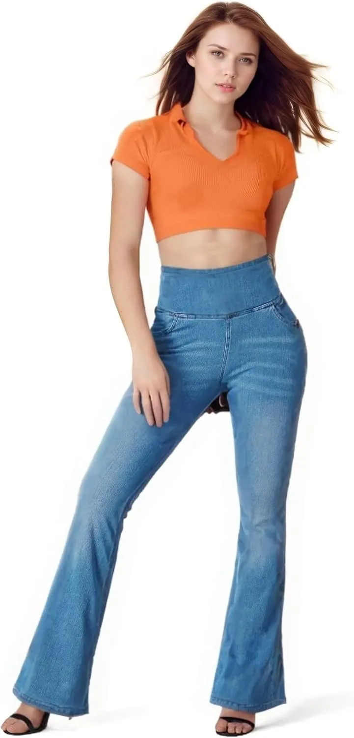 BlueRose Knit Stetchy Flare Jean for Women,Jean Leggings with Pockets High Waisted Pull on Bell Bottom Yoga Pants