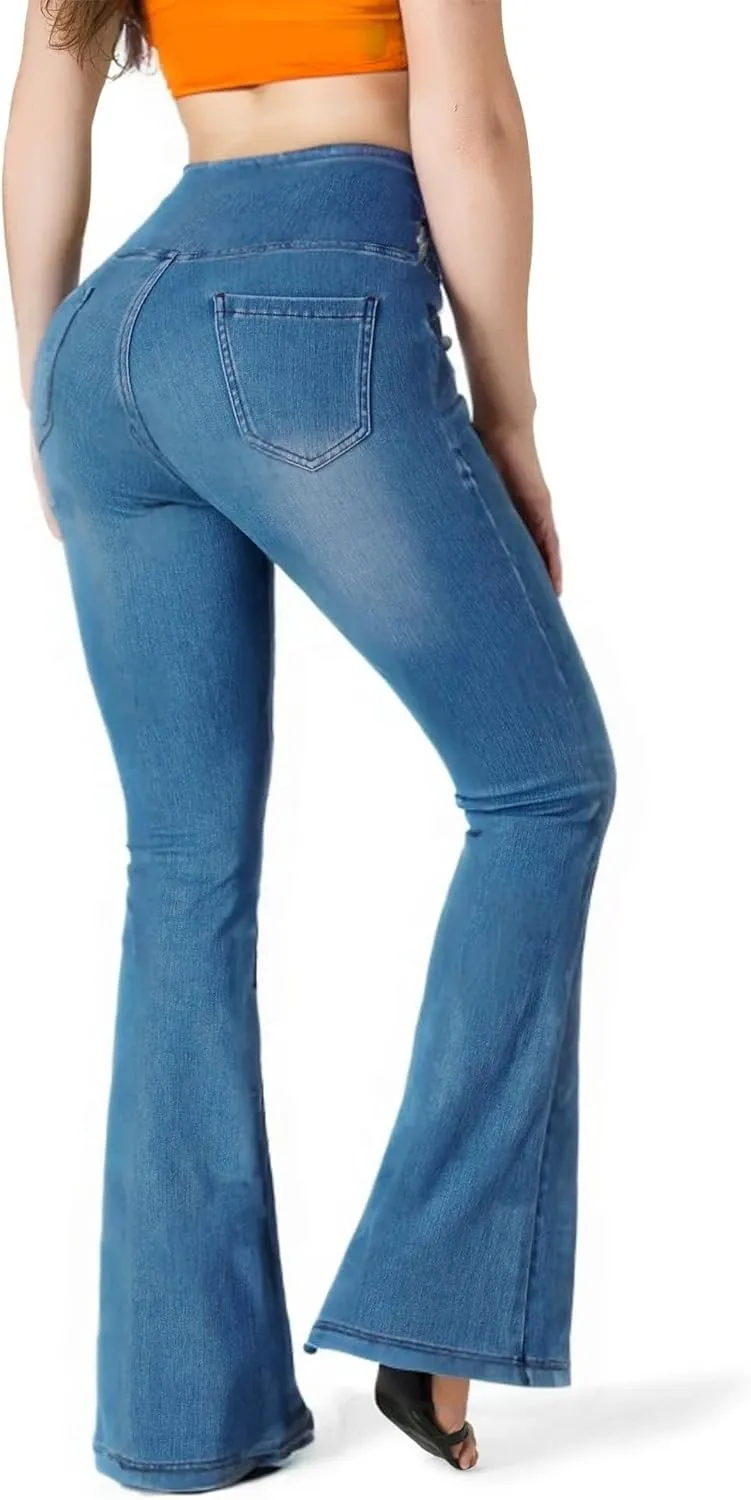 BlueRose Knit Stetchy Flare Jean for Women,Jean Leggings with Pockets High Waisted Pull on Bell Bottom Yoga Pants