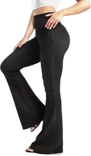 BlueRose Knit Stetchy Flare Jean for Women,Jean Leggings with Pockets High Waisted Pull on Bell Bottom Yoga Pants