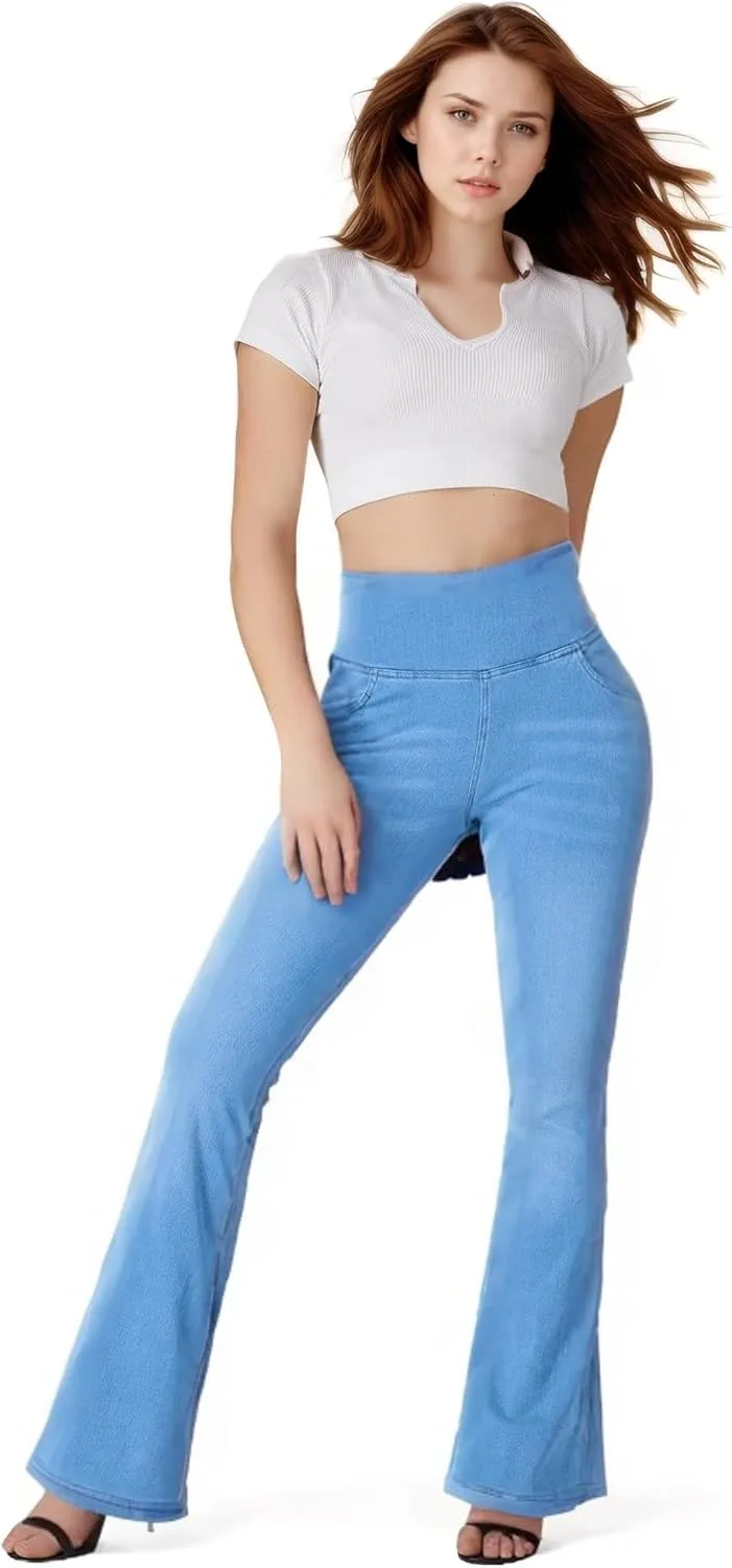 BlueRose Knit Stetchy Flare Jean for Women,Jean Leggings with Pockets High Waisted Pull on Bell Bottom Yoga Pants