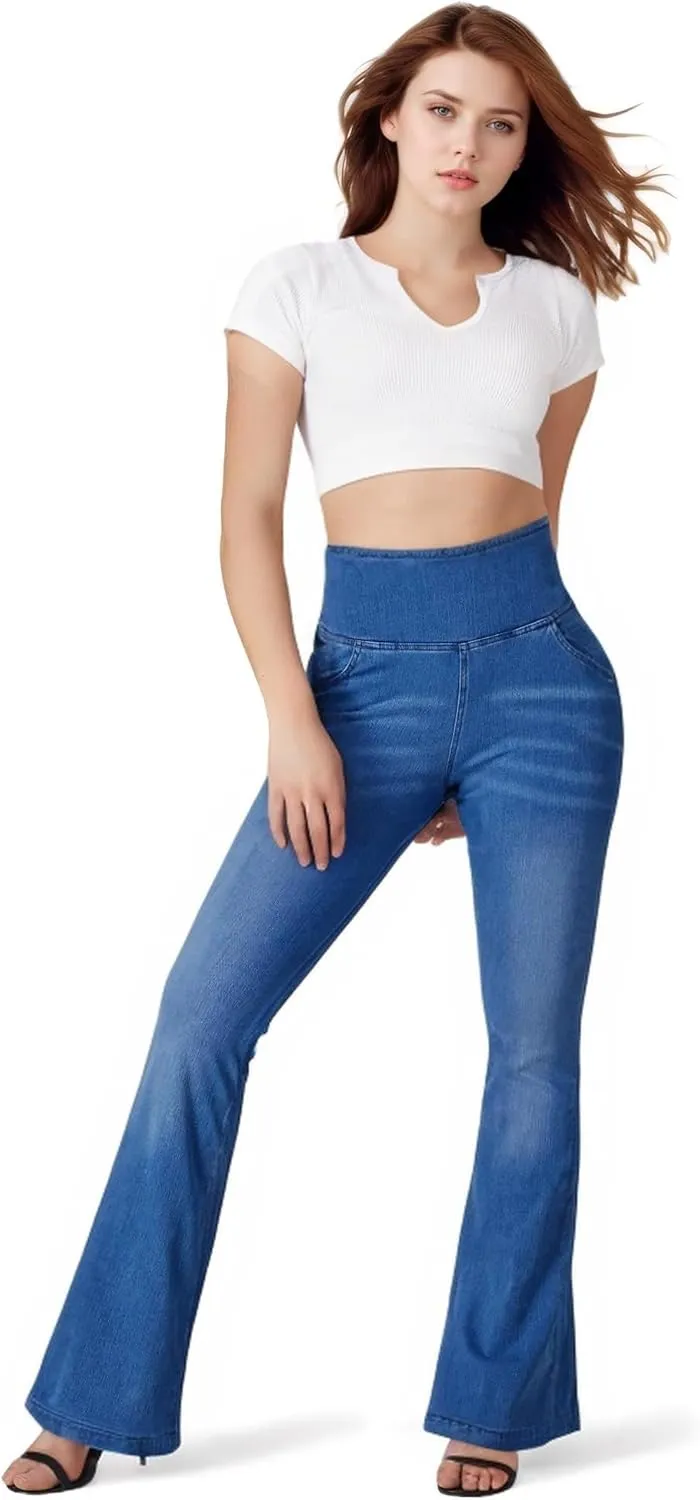BlueRose Knit Stetchy Flare Jean for Women,Jean Leggings with Pockets High Waisted Pull on Bell Bottom Yoga Pants