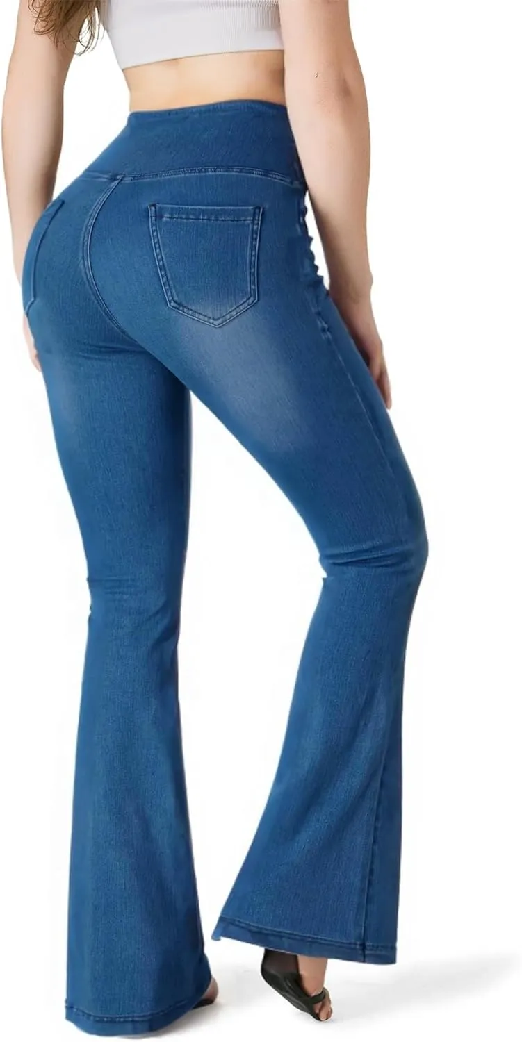 BlueRose Knit Stetchy Flare Jean for Women,Jean Leggings with Pockets High Waisted Pull on Bell Bottom Yoga Pants