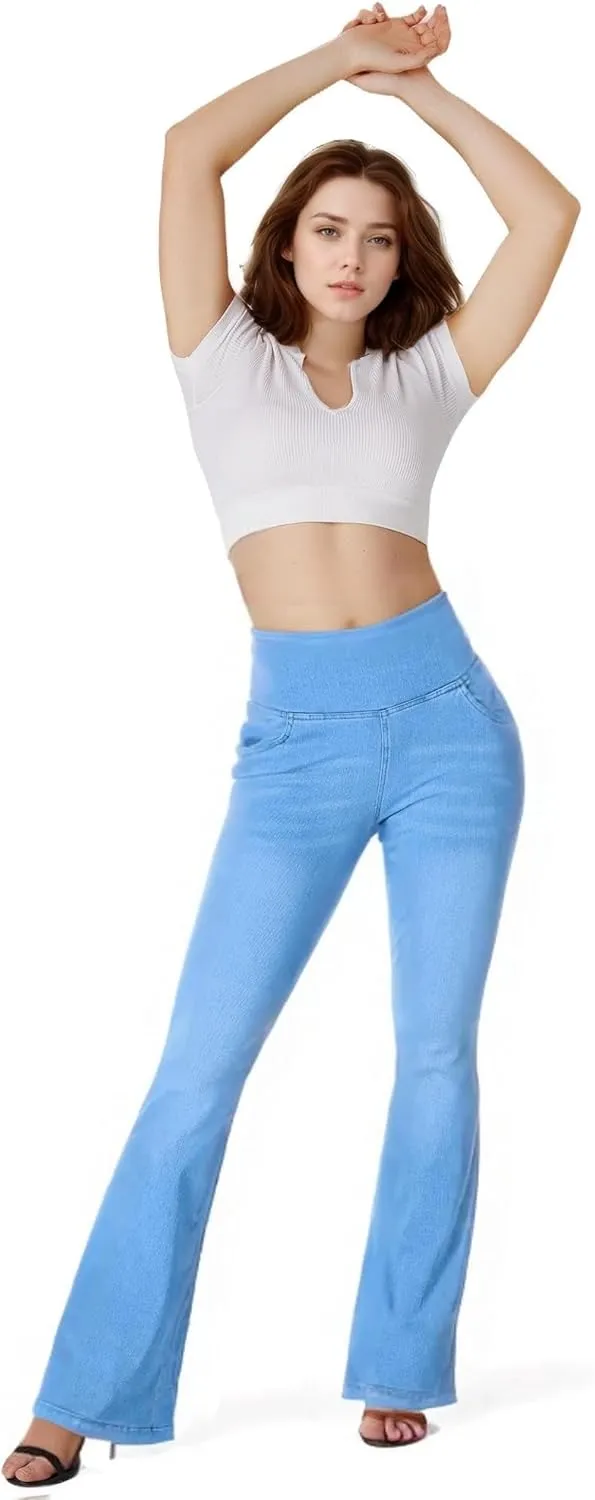 BlueRose Knit Stetchy Flare Jean for Women,Jean Leggings with Pockets High Waisted Pull on Bell Bottom Yoga Pants