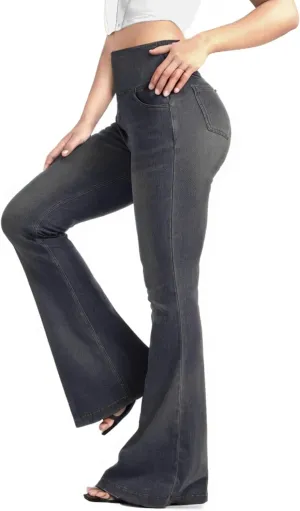 BlueRose Knit Stetchy Flare Jean for Women,Jean Leggings with Pockets High Waisted Pull on Bell Bottom Yoga Pants