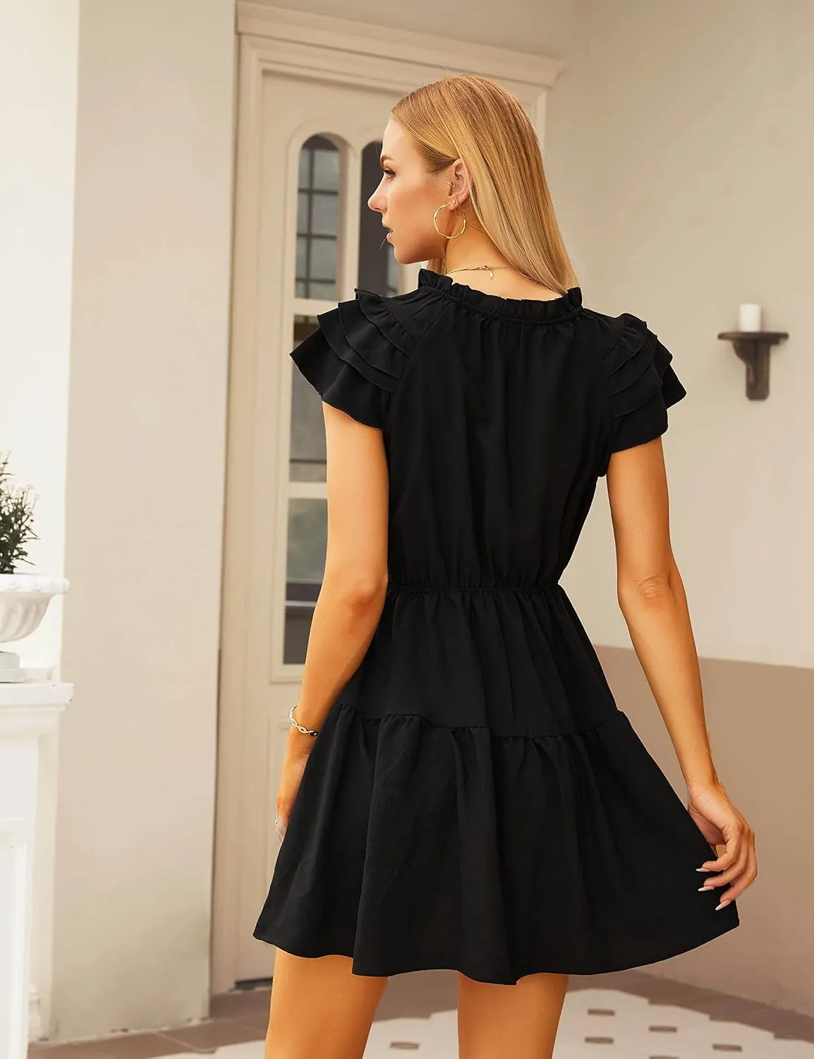 BMJL Women's Cute Summer Dresses V Neck Short Sleeve Ruffle Mini Dress Swing Flowy Dresses 2023