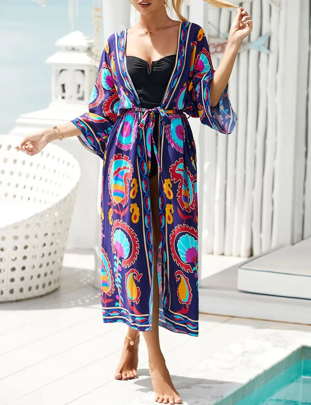 Bsubseach Kimono Swimsuit Cover Ups for Women Robe Pool Cover Up Long Beach Dress Colorful Cardigan for Swimwear