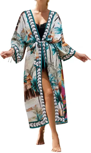 Bsubseach Kimono Swimsuit Cover Ups for Women Robe Pool Cover Up Long Beach Dress Colorful Cardigan for Swimwear