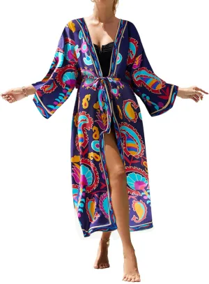Bsubseach Kimono Swimsuit Cover Ups for Women Robe Pool Cover Up Long Beach Dress Colorful Cardigan for Swimwear