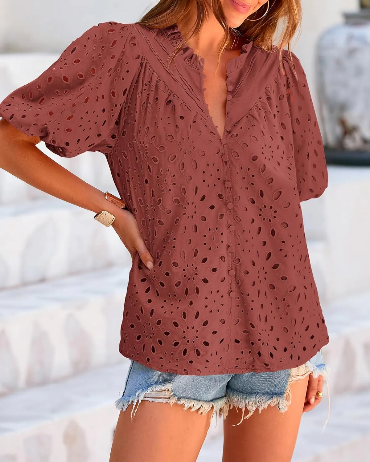 BTFBM Womens Casual Summer Blouse 2025 Hollow Out Eyelet Embroidery Tops V Neck Buttons Puff Short Sleeve Boho Shirts