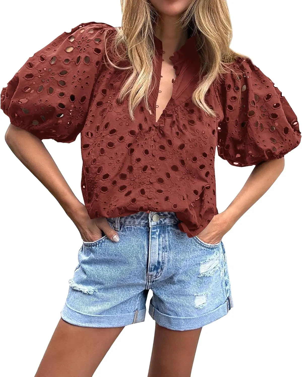 BTFBM Womens Casual Summer Blouse 2025 Hollow Out Eyelet Embroidery Tops V Neck Buttons Puff Short Sleeve Boho Shirts