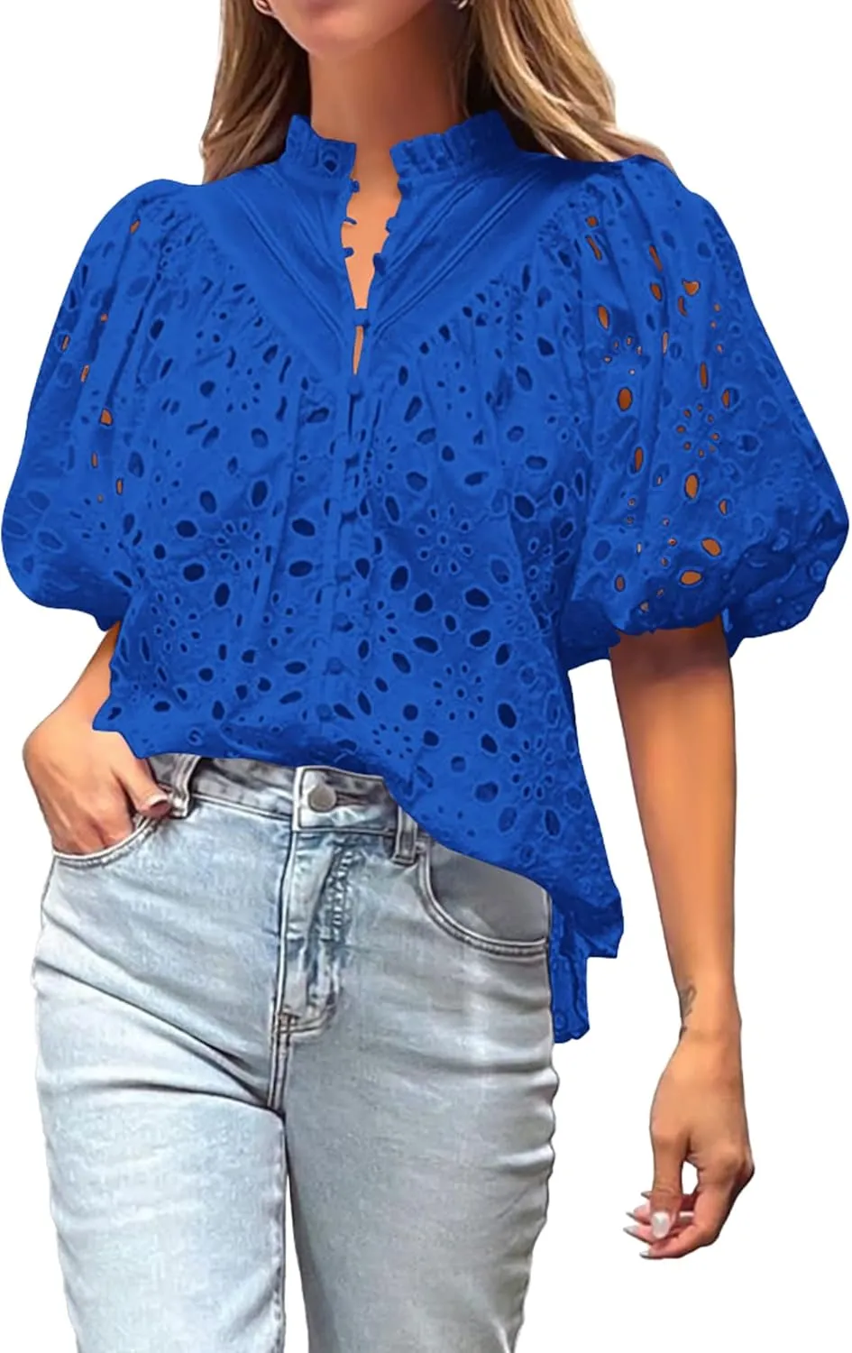 BTFBM Womens Casual Summer Blouse 2025 Hollow Out Eyelet Embroidery Tops V Neck Buttons Puff Short Sleeve Boho Shirts