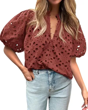 BTFBM Womens Casual Summer Blouse 2025 Hollow Out Eyelet Embroidery Tops V Neck Buttons Puff Short Sleeve Boho Shirts