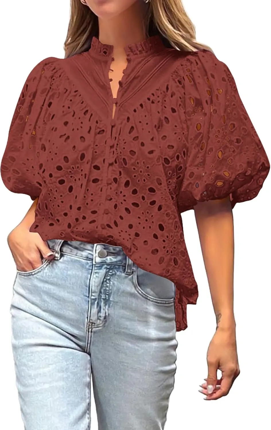 BTFBM Womens Casual Summer Blouse 2025 Hollow Out Eyelet Embroidery Tops V Neck Buttons Puff Short Sleeve Boho Shirts