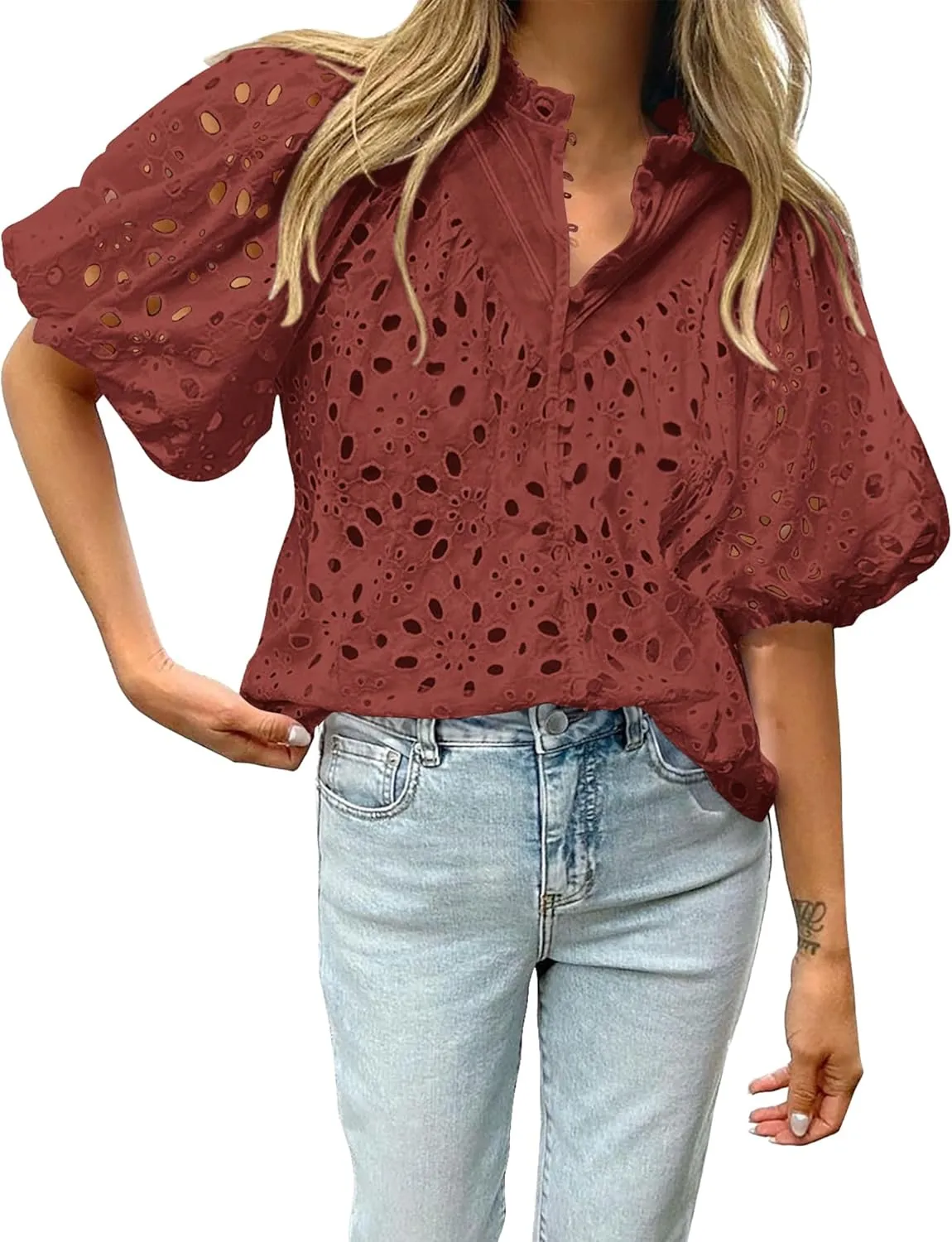 BTFBM Womens Casual Summer Blouse 2025 Hollow Out Eyelet Embroidery Tops V Neck Buttons Puff Short Sleeve Boho Shirts