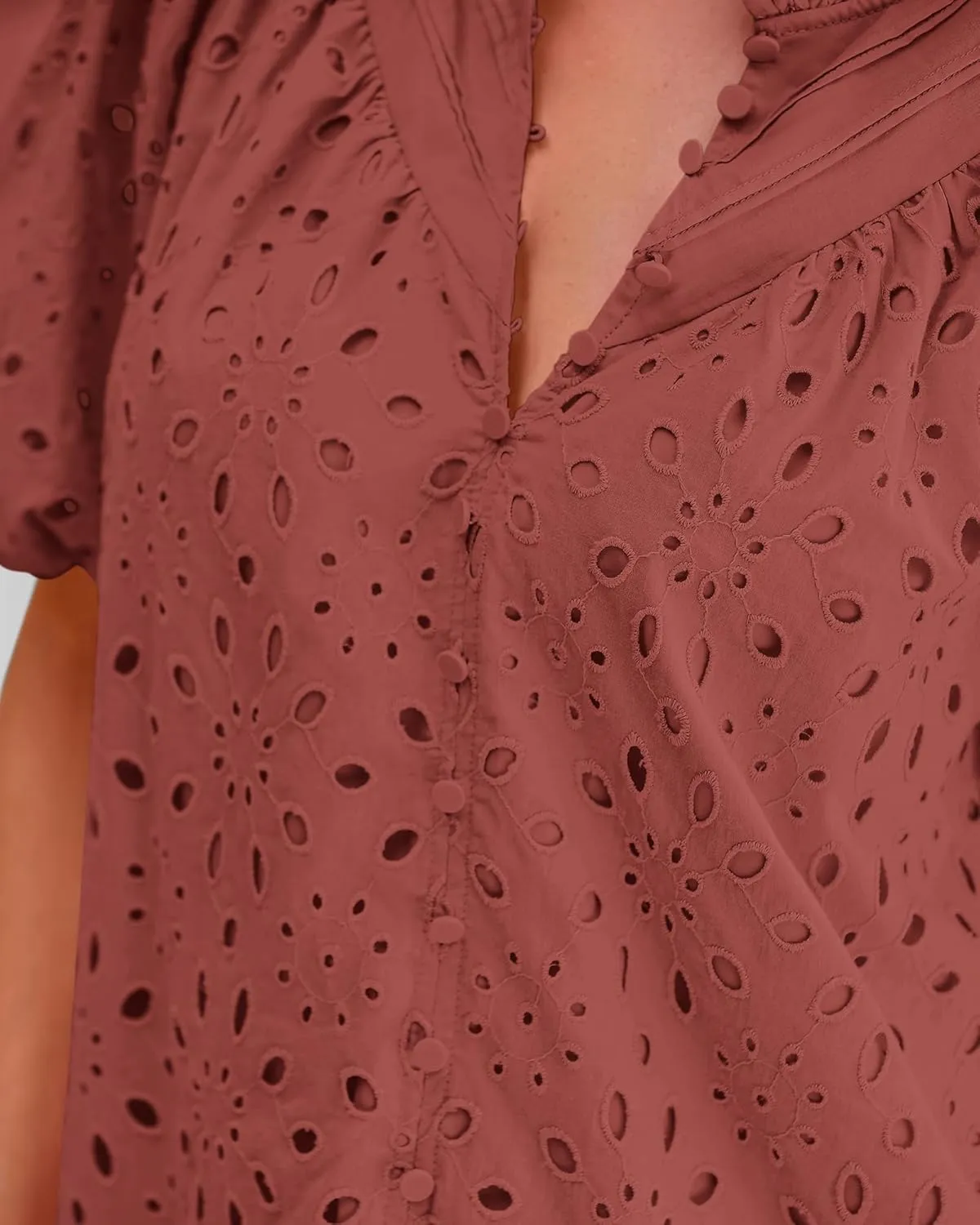 BTFBM Womens Casual Summer Blouse 2025 Hollow Out Eyelet Embroidery Tops V Neck Buttons Puff Short Sleeve Boho Shirts